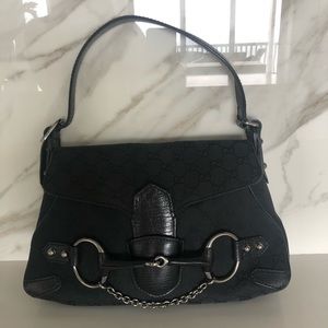 Gucci Black Horsebit Flap Canvas Leather Bag